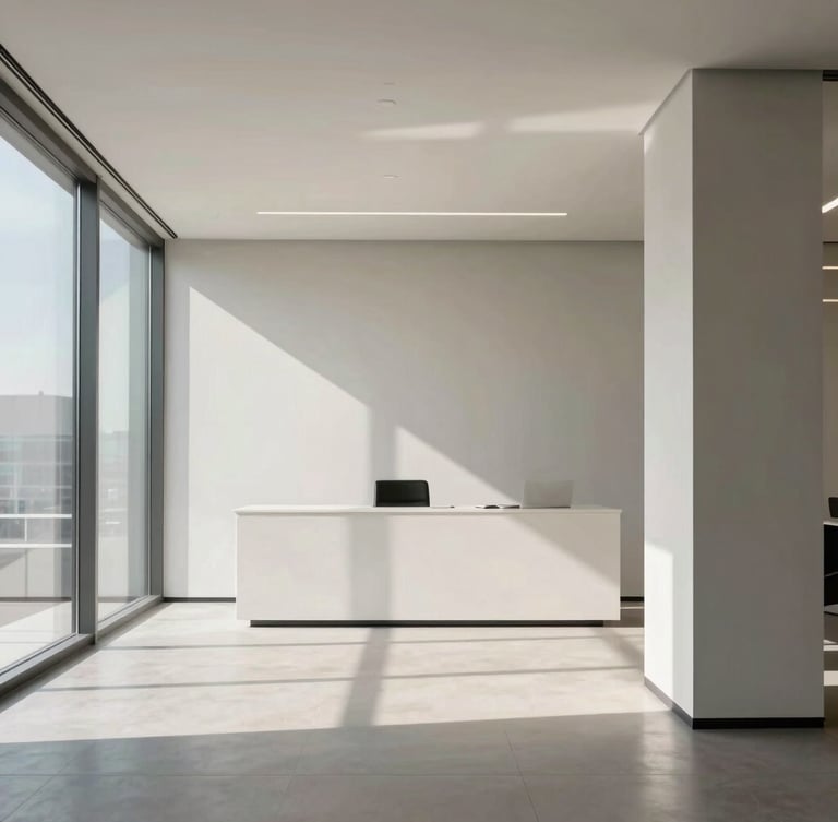 Minimalist corporate office with clean geometric lines, soft natural daylight, architectural shadow patterns, highly professional executive atmosphere