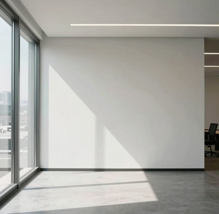 A minimalist corporate office with clean lines, soft natural daylight, geometric composition, negative space, conveying order and professional focus.