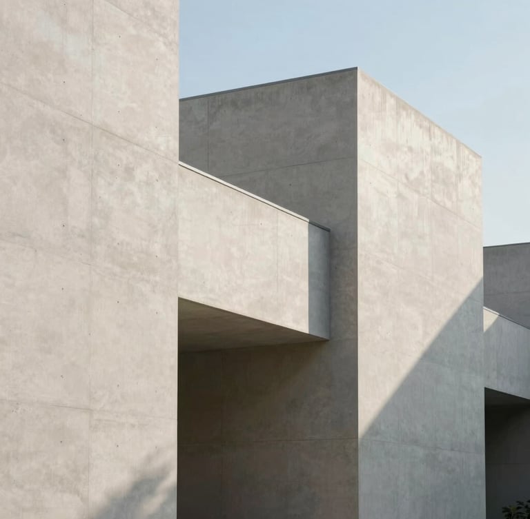 Minimalist architectural lines of a modern concrete building, clean geometric shadows, daylight, serene composition