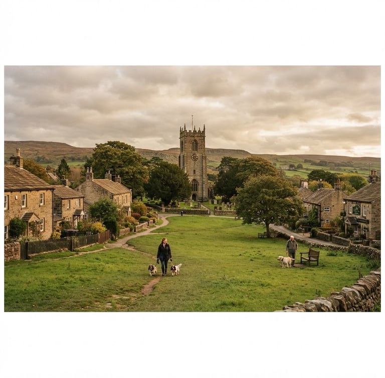 Wide panoramic view of Scholes village green at golden hour, a historic parish church tower visible in the background, with a few residents walking dogs, soft natural overcast daylight, earthy tones, nostalgic film grain, 35mm lens, candid framing.