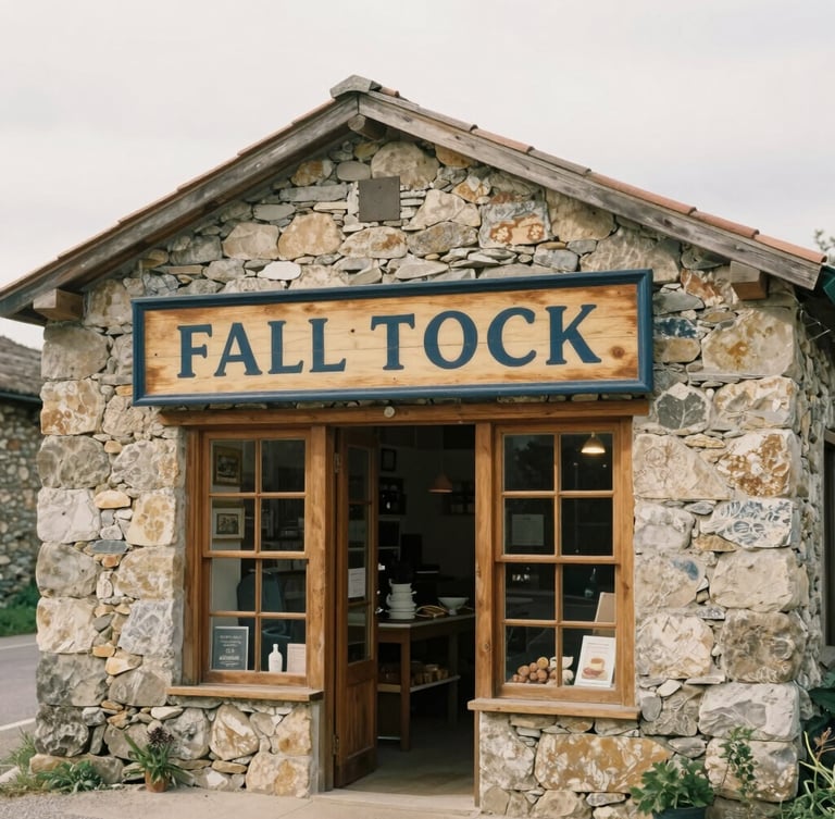 A warm environmental shot of a small independent shopfront in a stone village, hand-painted wooden sign, soft overcast daylight.