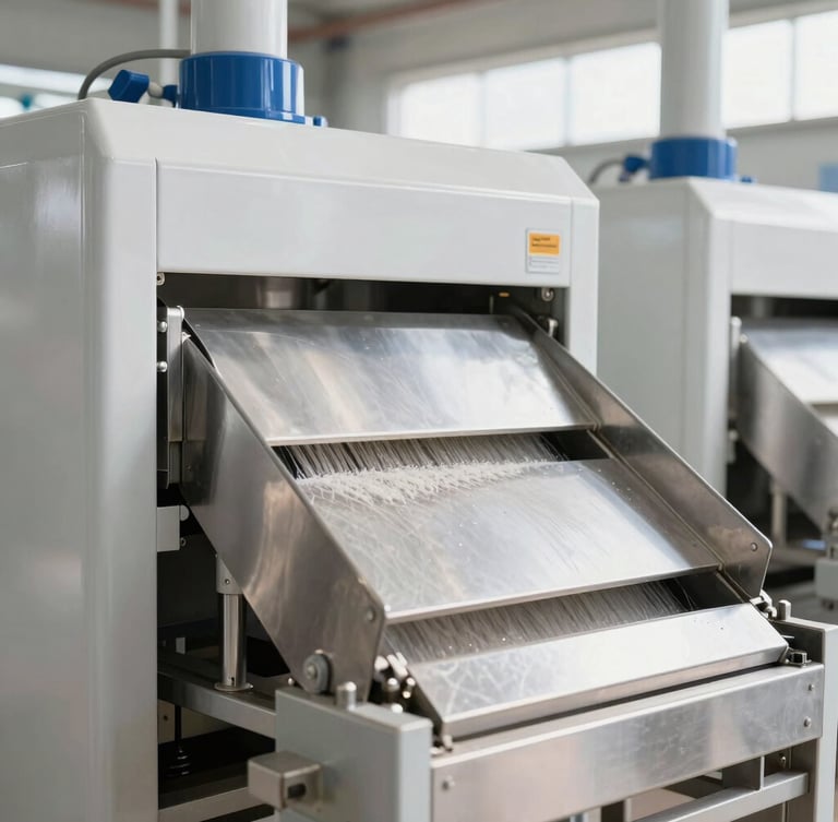 Modern industrial rice milling facility with stainless steel grading machinery, bright clean daylight, sharp focus