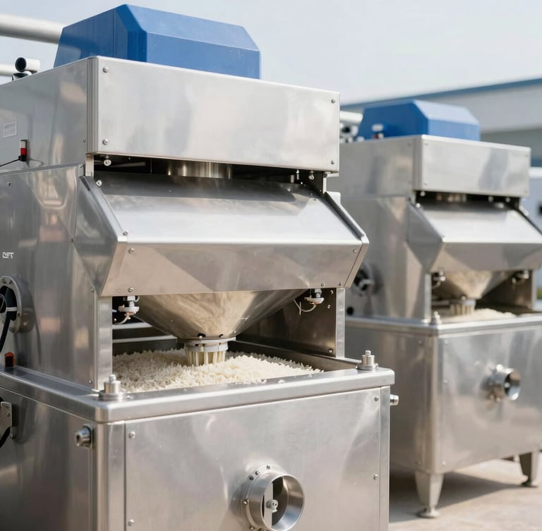 Crisp commercial photography of a modern high-end rice milling facility, clean stainless steel machinery, bright daylight, sharp focus.