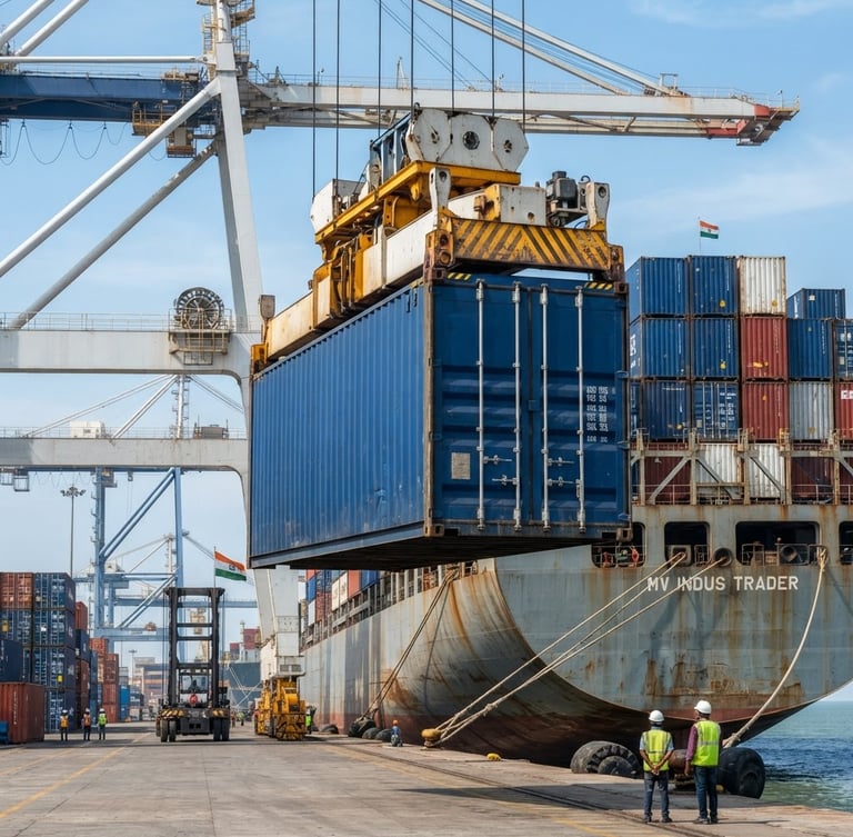 Crisp commercial photography of a deep blue shipping container being loaded onto a cargo vessel at an industrial Indian port, bright clean daylight, high-end logistics.
