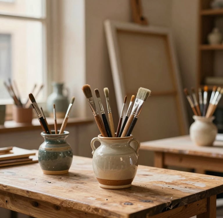 Close-up of a sunlit artist atelier in Barcelona, wooden tables with ceramic pots holding paintbrushes, canvases resting against a warm plaster wall, soft side window lighting, shallow depth of field