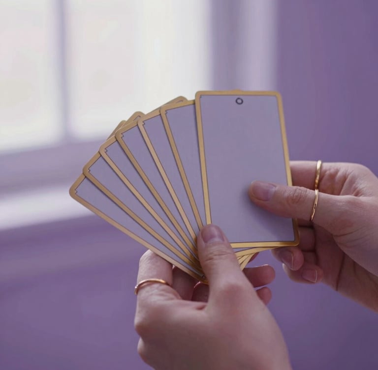 Close-up of hands with delicate gold rings holding minimalist gold-edged tarot cards, soft diffused window light, deep plum tones, editorial 35mm.