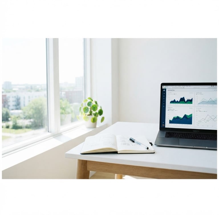 Bright high-key photograph of a clean modern workspace with a laptop displaying data, a notebook, and a pen, with natural light streaming from a large window, minimalist composition, 35mm, wide structured workspace environment, right third of the panoramic frame.