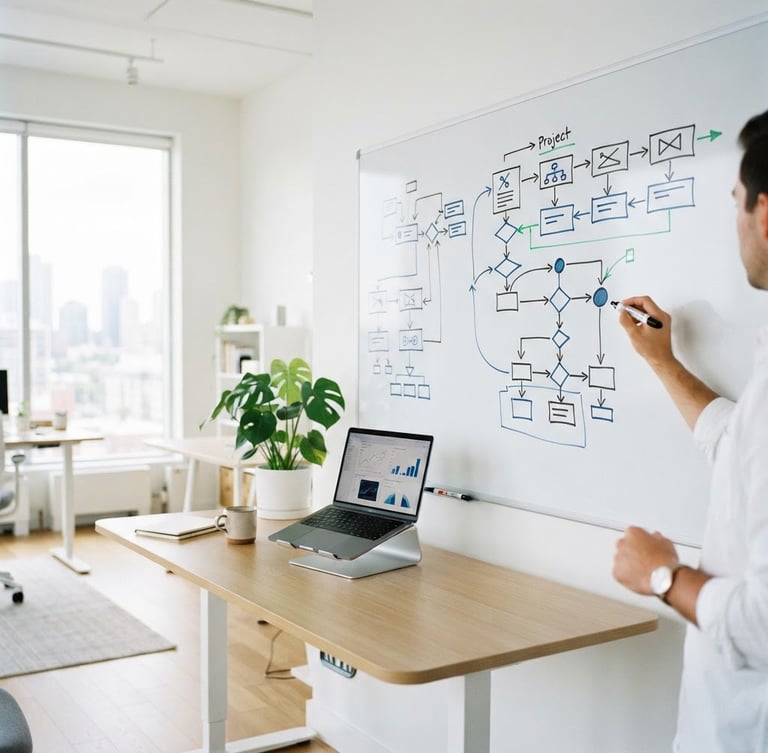 Wide shot of a clean, modern workspace with a whiteboard showing workflow diagrams, a laptop, and a hand holding a marker, bright natural light, crisp white and deep blue tones, 35mm