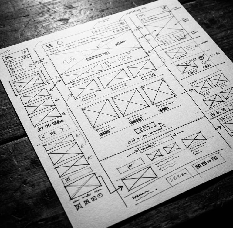 Tight macro shot of an annotated marketing wireframe on a desk with sharp direct studio shadows, high-contrast, black and white