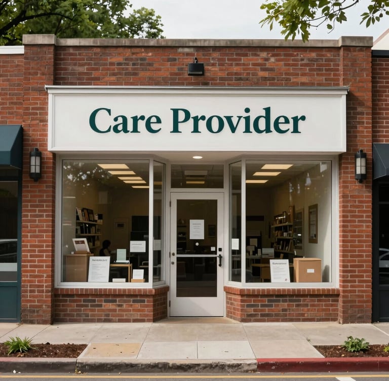 Straight-on eye-level photograph of the clean brick storefront of Care Provider in Alexandria, soft natural daylight, quiet tree-lined sidewalk, professional apothecary signage.