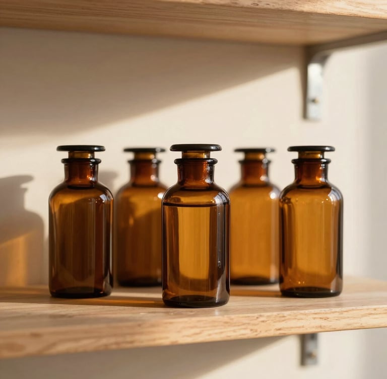 Straight-on eye-level shot of amber glass apothecary jars on a clean wooden shelf, soft morning light, warm cream background.