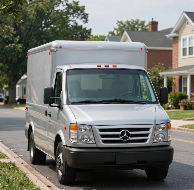 A clean, unmarked silver delivery vehicle parked on a quiet residential street in Alexandria, Virginia, bright natural daylight, soft shadows, straight-on eye-level shot.