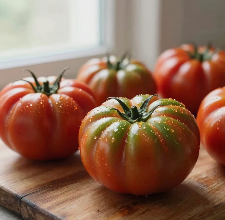 Close-up of raw heirloom tomatoes on a rustic wooden prep table, soft morning overcast light, shallow depth of field, rich crimson and forest green tones