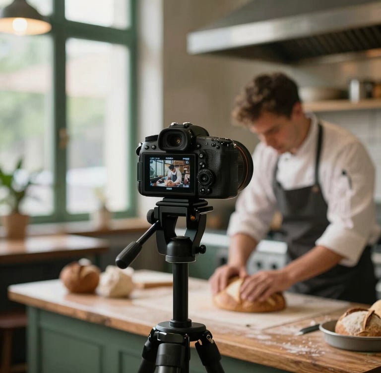 A professional camera on a tripod positioned in a warm, naturally lit restaurant kitchen, capturing a chef kneading sourdough bread in the background, shallow depth of field