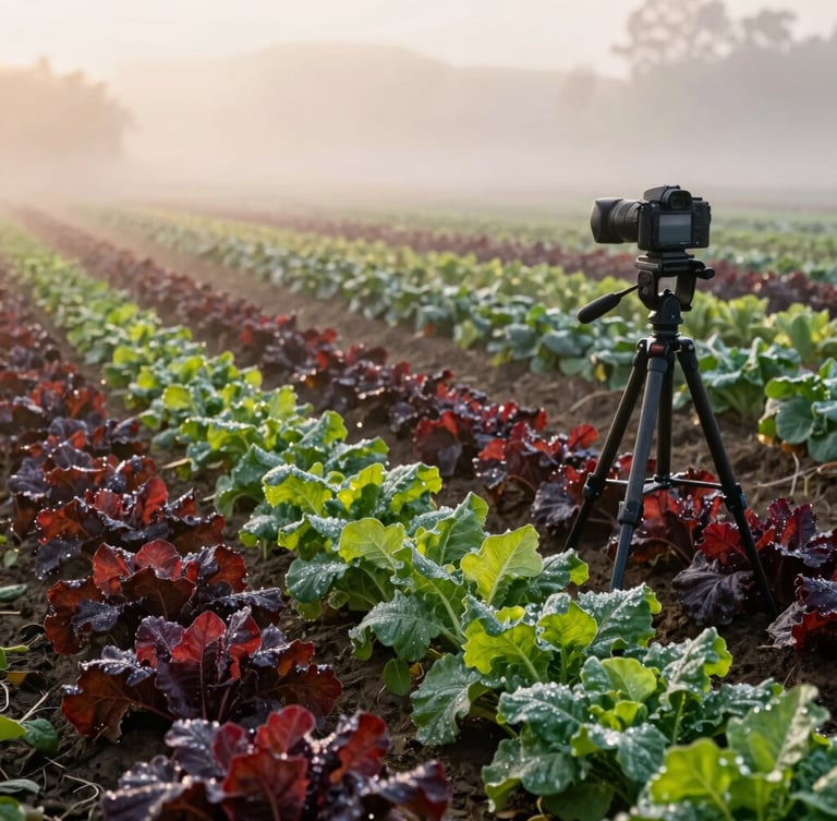 A wide editorial shot of a misty heritage farm at sunrise, soft golden light catching dew on rows of leafy greens, a camera setup on a low tripod in the foreground.