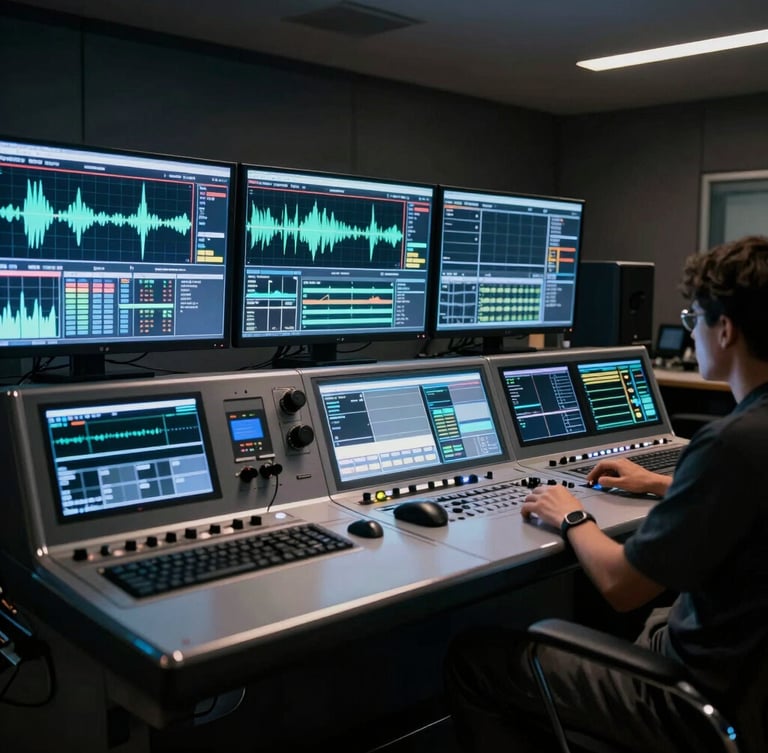 Cinematic wide shot of a high-end broadcast control room, glowing monitors displaying technical waveforms, cool silver highlights and deep shadows, low-key dramatic lighting.