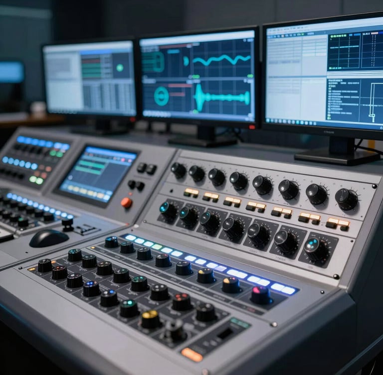 A high-end broadcast control room at night, glowing blue and silver monitors, rack-mounted hardware arrays, shallow depth of field focusing on technical dials.
