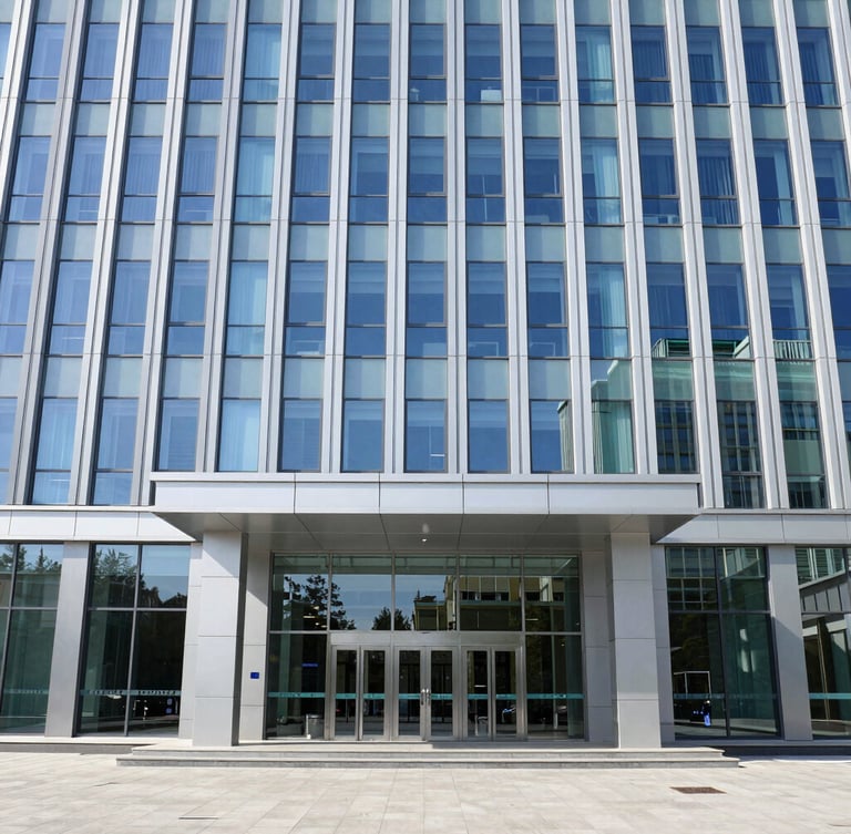 Symmetrical architectural shot of a modern institutional office building entrance in Baku, clean glass facade, bright daylight, professional corporate atmosphere