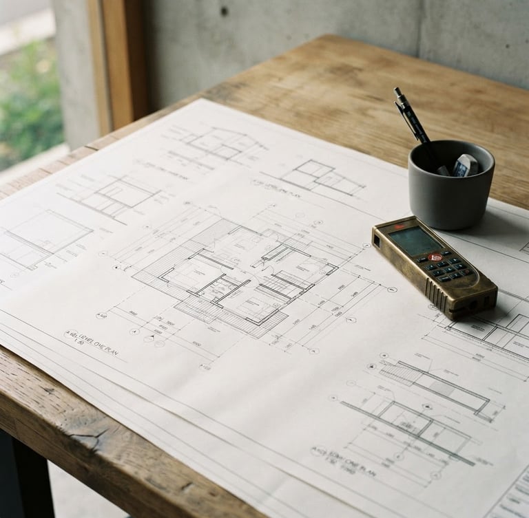 Close-up of clean architectural drawings on a wooden desk, a brass laser measure beside them, soft natural daylight, sharp focus, 35mm