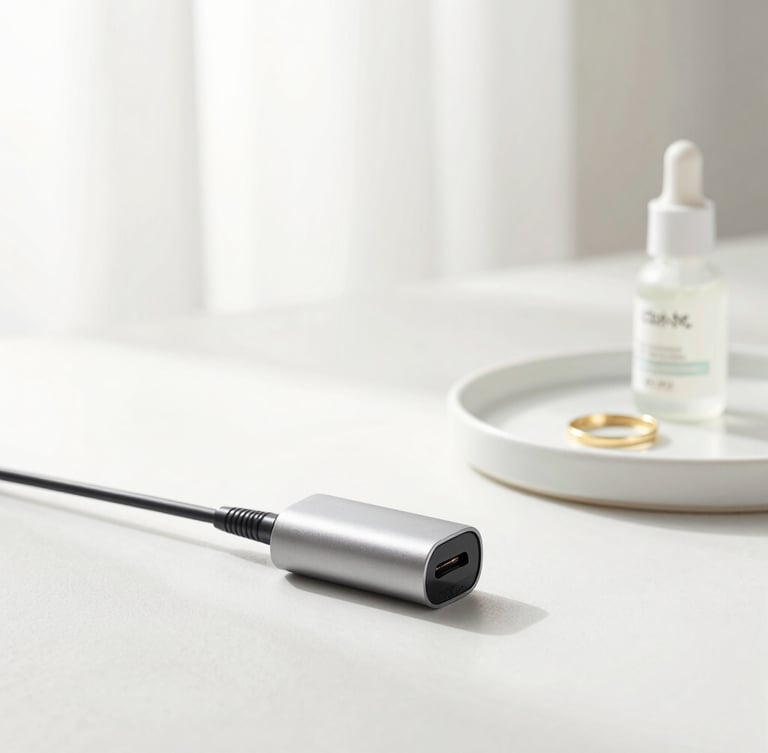 Bright high-key product photography of a minimalist workspace combining a sleek metallic computer adapter, a gold ring on a ceramic tray, and a delicate skincare bottle under soft window light.
