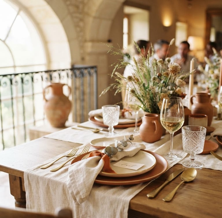 Sunlit interior view of a beautifully set table for a small celebration, warm neutral tones, soft focus on elegant place settings, architectural details of the venue visible in background, natural window light.