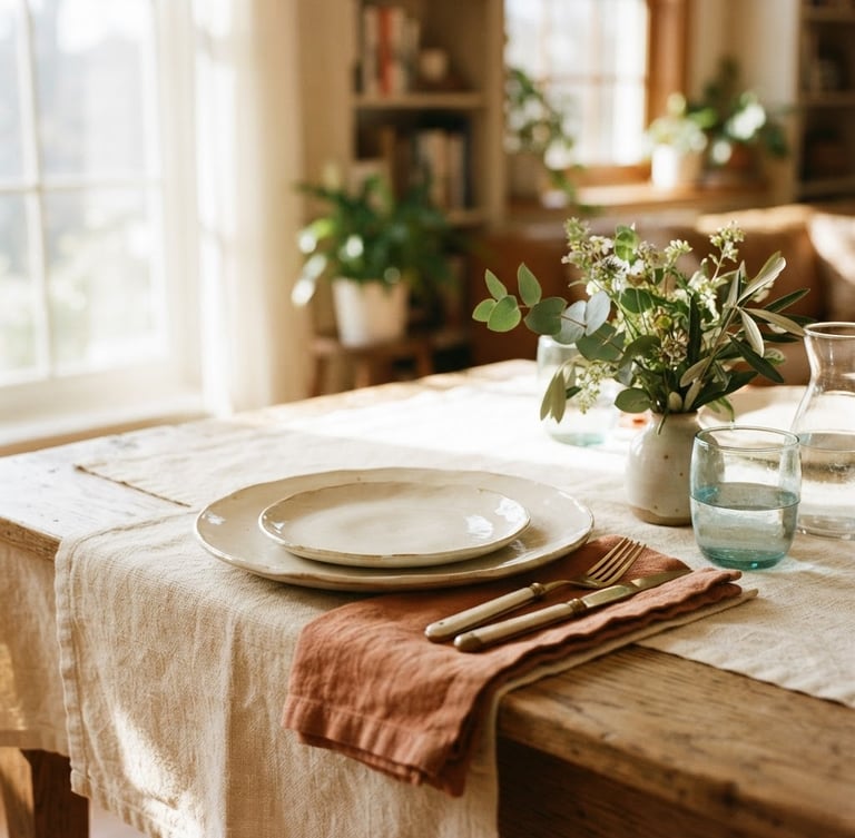 Warm editorial photography of a sunlit interior table setting with terracotta napkins, cream ceramic plates, and delicate green foliage, soft natural window light, shallow depth of field, 35mm