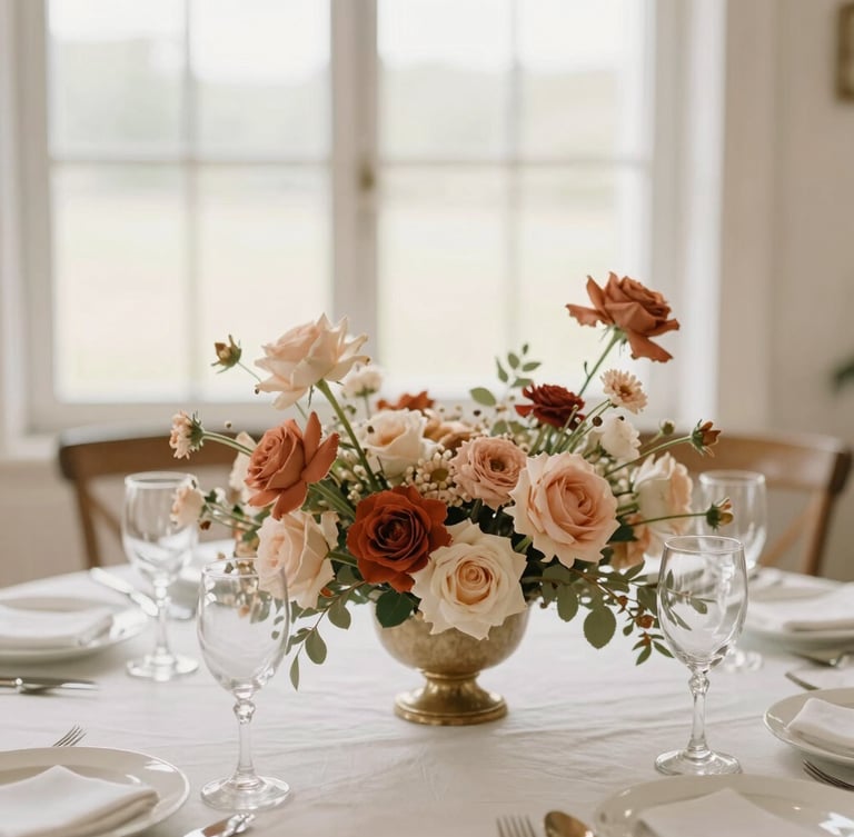 Close-up of elegant floral arrangement and table setting in a sunlit venue, terracotta and cream tones, shallow depth of field, subtle storybook inspiration.