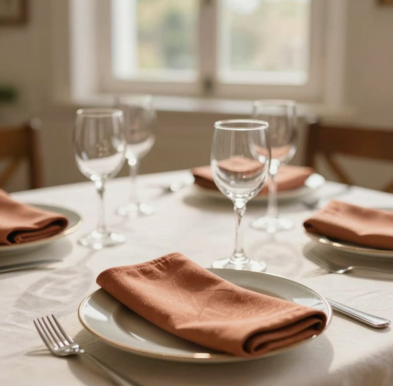 Elegant close-up of a sunlit table setting with terracotta napkins and delicate glassware, warm natural window light, cream and sage tones, shallow depth of field