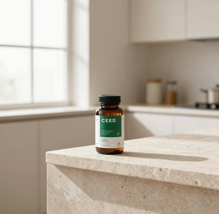 Bright, high-key natural window light illuminating a single CEED Nutrition product bottle on an architectural stone plinth, with soft, elongated shadows. Minimalist, sun-drenched kitchen in the background. Wide, balanced environmental shot with plenty of negative space.