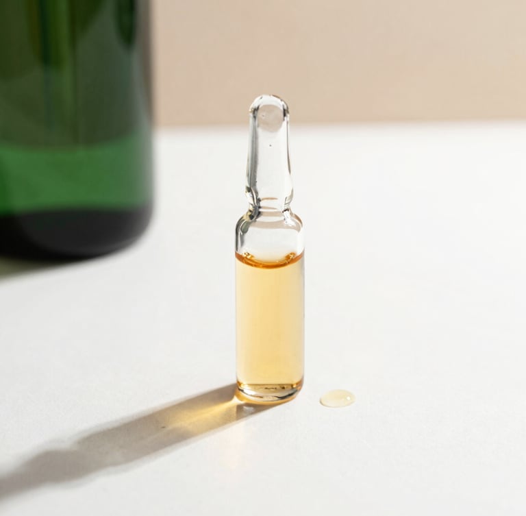 Macro close-up of a clear glass tincture bottle with a few drops of amber liquid on a pristine white surface, casting soft elongated shadows under bright studio light.