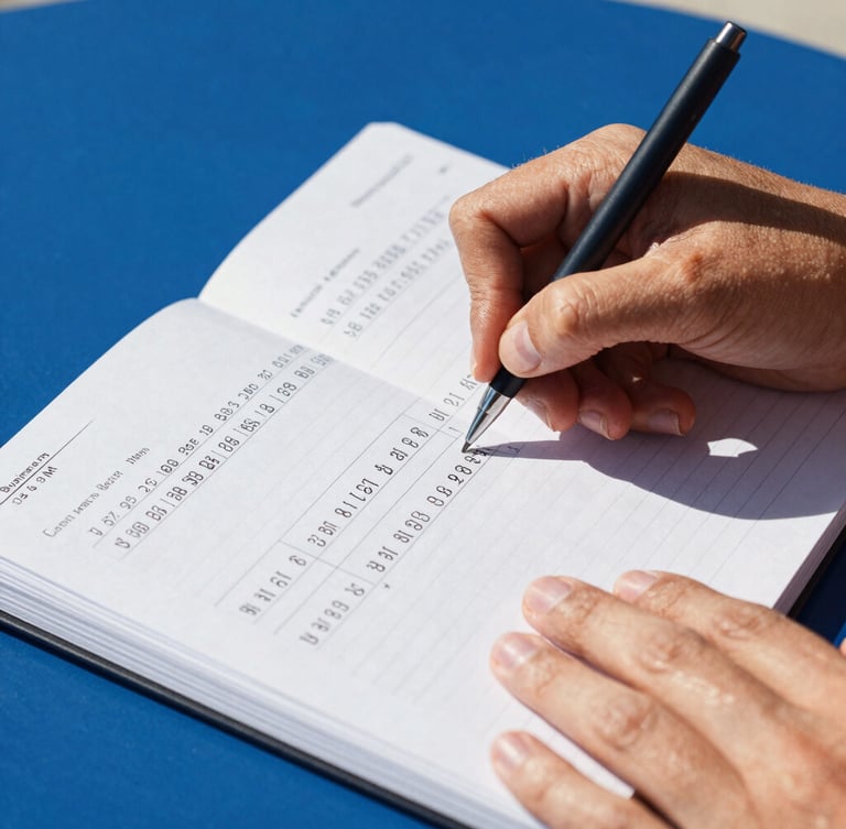 Close-up of hands writing a detailed business plan in a notebook, with financial figures and diagrams, under bright natural Florida sunlight, high-contrast, 35mm.