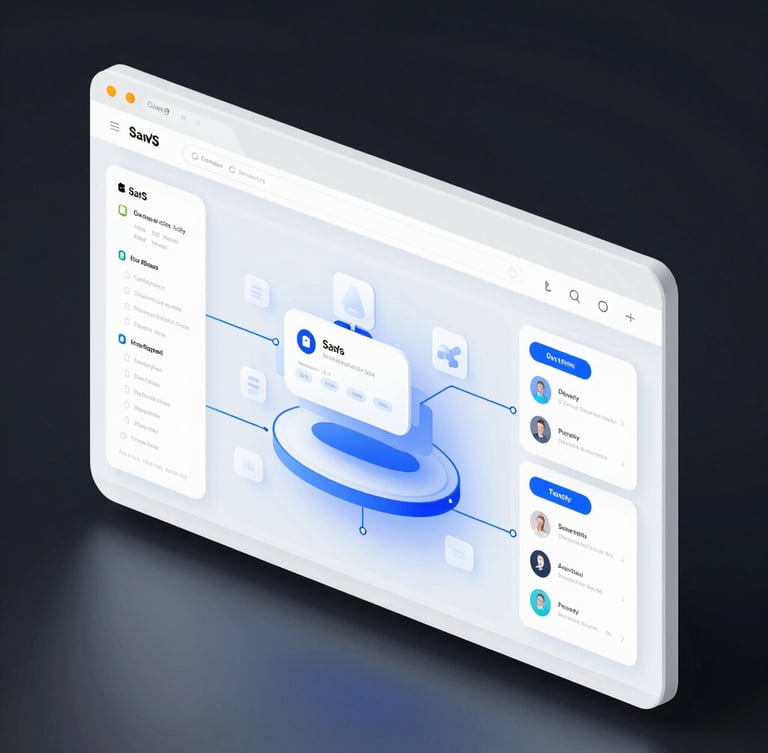 Isometric view of a high-fidelity SaaS dashboard mockup on a clean white browser frame, glowing blue connection lines, floating modular UI components, soft studio lighting.