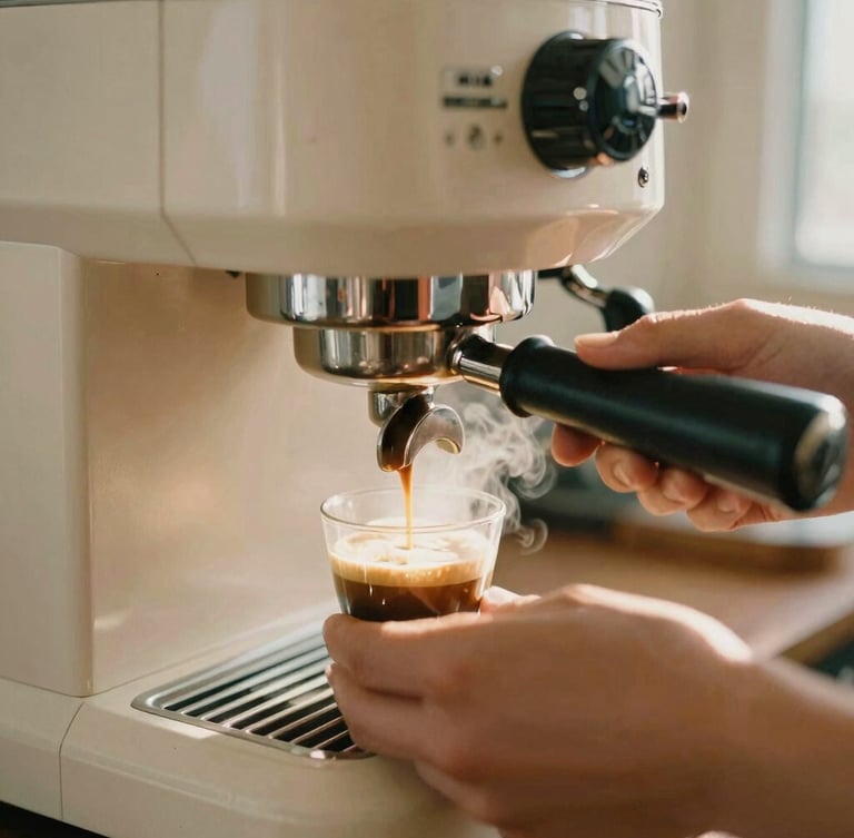 A close-up of a barista's hands pulling a clean espresso shot on a vintage lever machine, warm steam rising, golden morning light