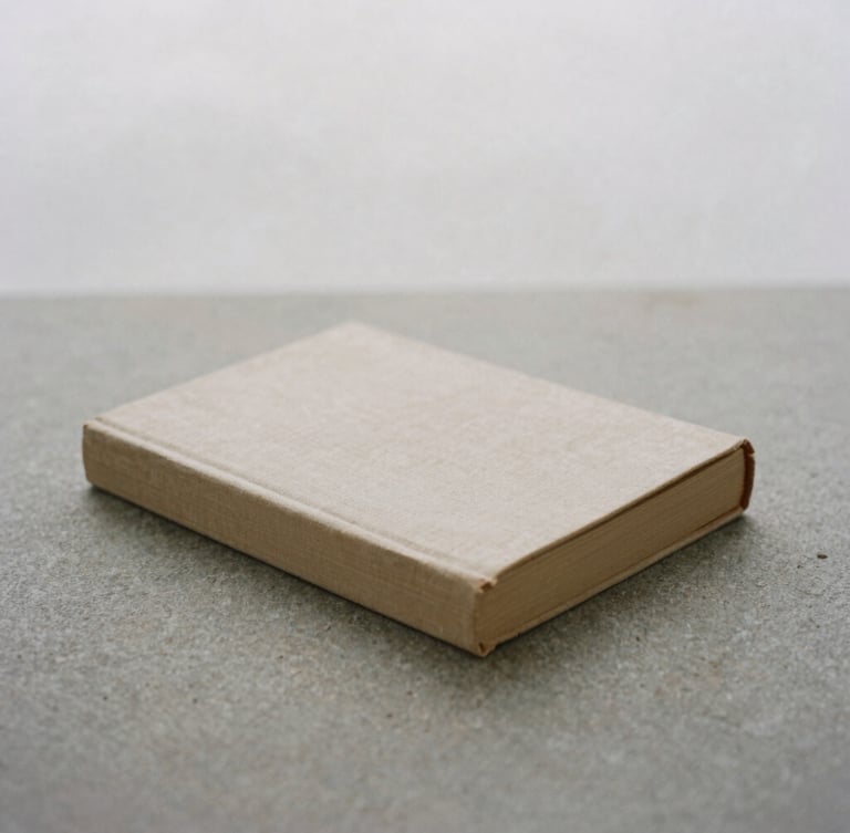 minimalist fine art photography of a closed linen-bound book resting on a flat stone surface, soft diffused overcast light, desaturated earth tones, quiet contemplative composition, 35mm film
