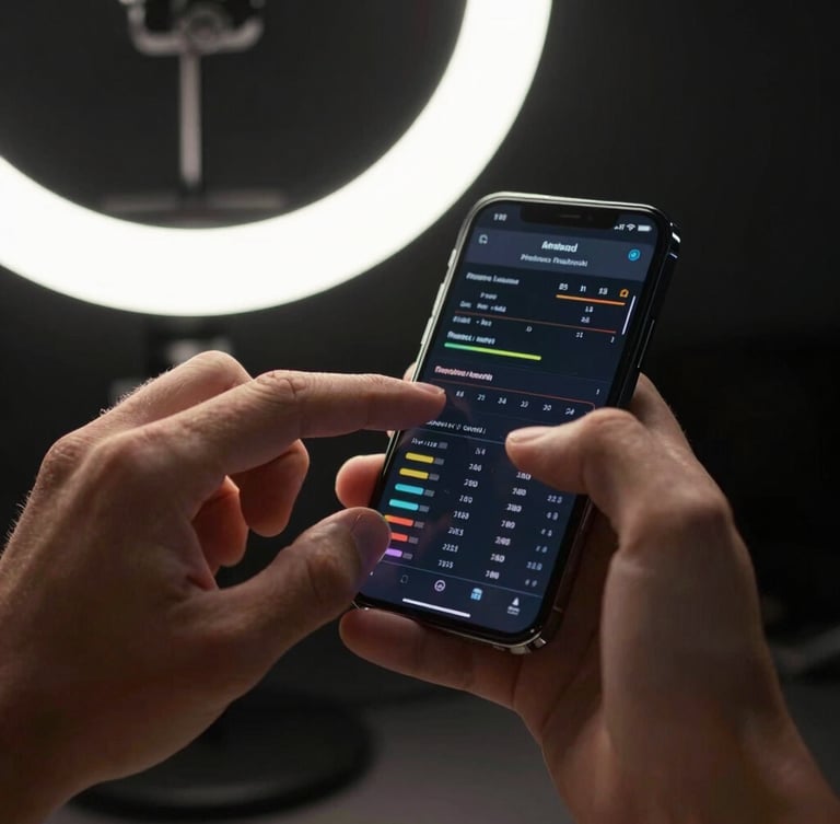 Close-up of a creator's hands editing high-performance metrics on a smartphone screen, subtle warm lighting from a ring light, dark background