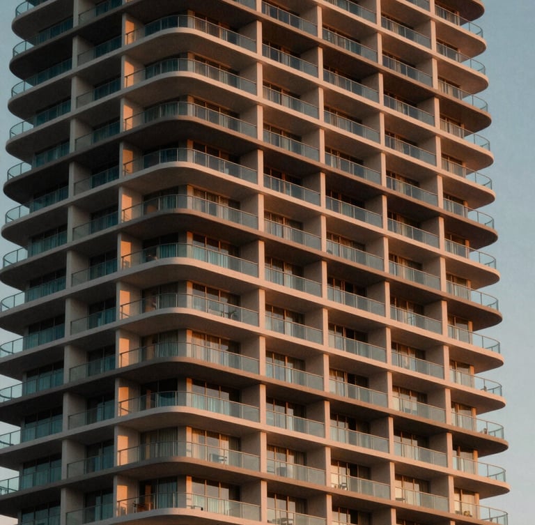 Tight architectural detail of a luxury Miami high-rise building at dusk, warm light glowing from within, clean geometric lines.