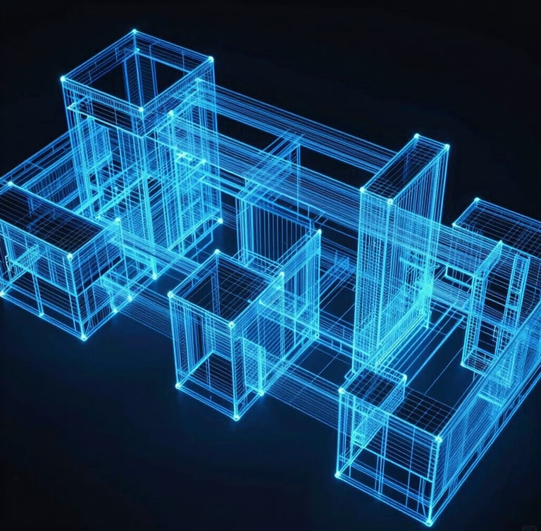 Macro technical shot of a complex 3D structural BIM model, glowing blue wireframe lines on a dark background, high-contrast digital overlay, sharp focus