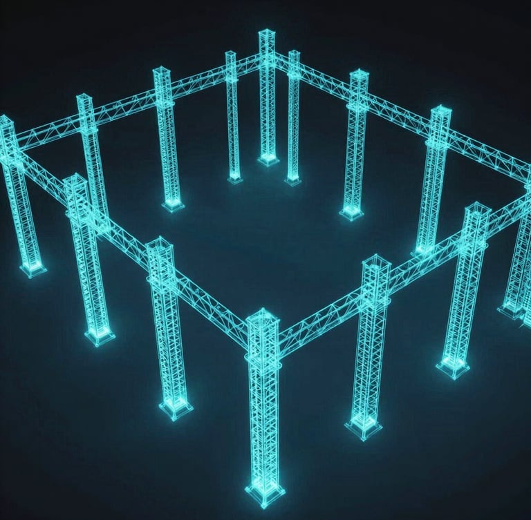 Overhead view of a 3D laser scan point cloud of an industrial warehouse, neon cyan wireframe lines tracing structural steel columns, dark slate background, cool screen-glow lighting, high-contrast, 35mm