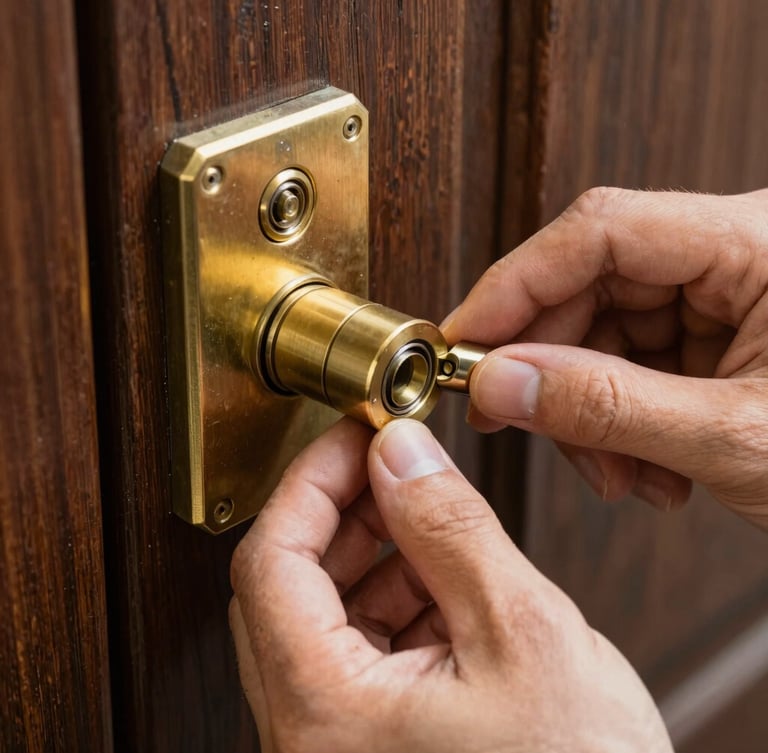 Macro shot of a technician hands installing a high-security brass lock cylinder into a dark wooden door, natural daylight, professional tools visible