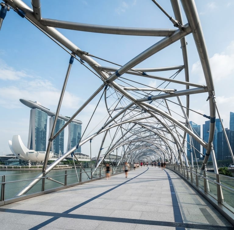 Wide-angle architectural photograph of a modern Singapore steel truss structure under bright natural daylight, clean desaturated tones with navy accents, sharp focus.