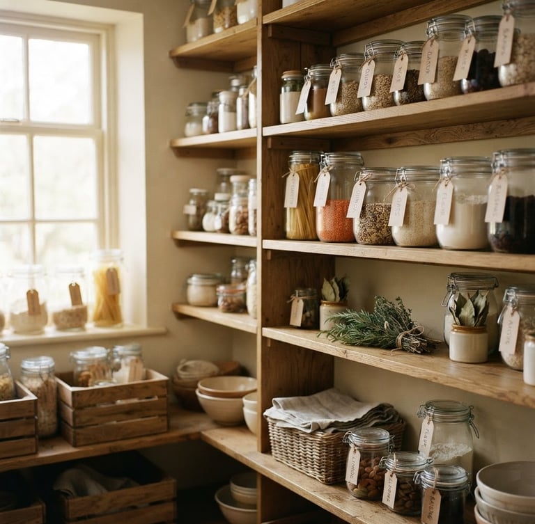 Warm editorial photography, soft natural window light, muted cream and oak tones, shallow depth of field, 35mm, a beautifully organized pantry with glass jars and wooden shelves, labels visible, a few sprigs of dried herbs, realistic and lived-in, expansive view of the pantry interior.