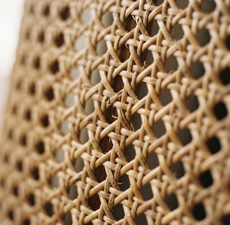 Macro close-up shot of raw hand-woven rattan texture, soft morning window light casting gentle shadows, warm organic earthy tones, shallow depth of field, 35mm