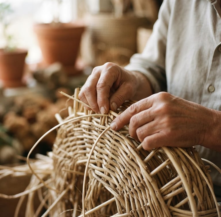 Macro close-up of skilled hands weaving natural rattan fibers under soft morning window light, warm terracotta tones, shallow depth of field, 35mm photography