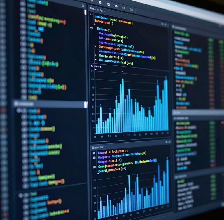 Macro shot of a high-density analytics screen showing complex code and glowing electric blue data charts, cool-toned lighting, sharp focus on the digital interface.