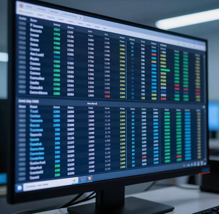 Macro shot of a high-density data dashboard displaying complex e-commerce transaction metrics, cool-toned blue studio lighting, sharp white highlights, minimalist workspace environment.