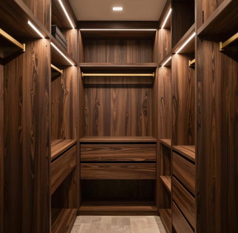 Straight-on architectural shot of a luxury walk-in closet with warm integrated LED lighting, rich dark wood textures, neat wardrobe organization, high-end residential feel