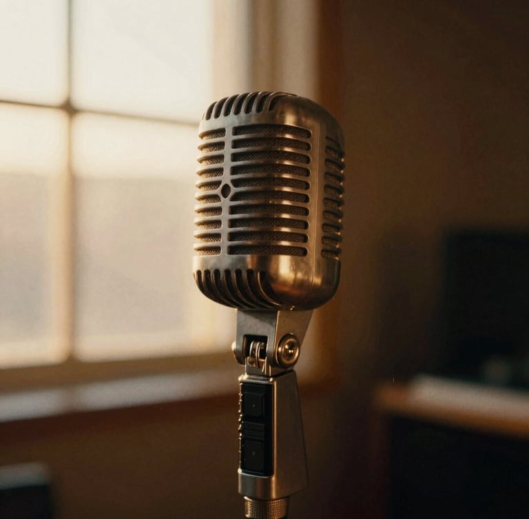 Portrait shot of a vintage ribbon microphone in a dimly lit studio, warm golden-hour light catching the metallic grille, soft studio glow, shallow depth of field, 35mm film grain