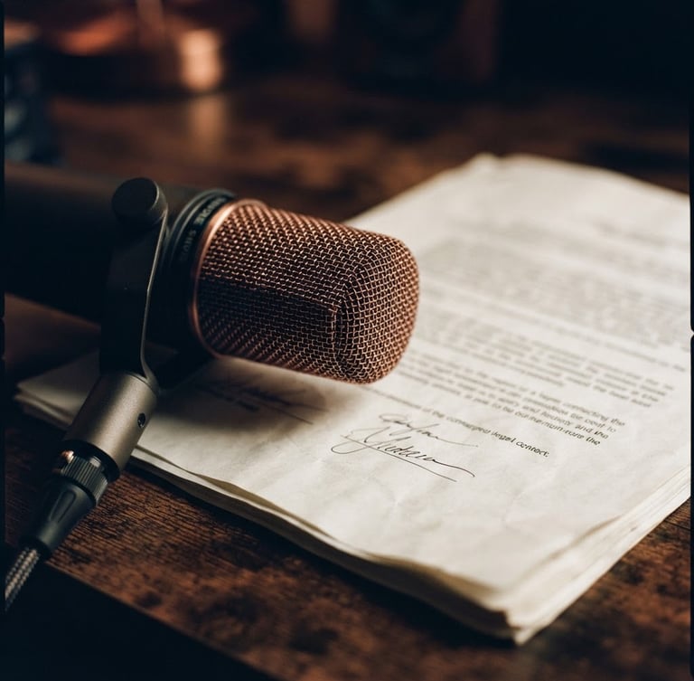 Close-up of a legal contract on heavy paper, partially obscured by a high-quality studio microphone, moody directional studio lighting, deep shadows, warm copper tones, shallow depth of field, 35mm