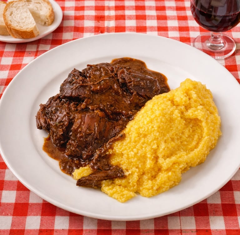 Slow-cooked beef stew served with creamy yellow polenta on a white plate with red checkered tablecloth.