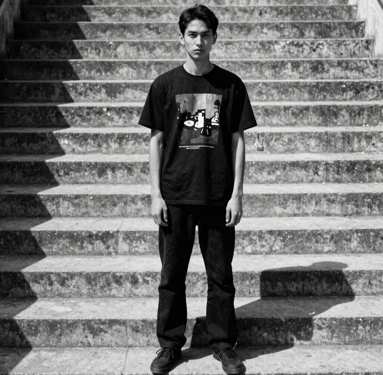 Gritty editorial streetwear portrait of a model standing on brutalist concrete steps, wearing a black graphic t-shirt, harsh direct sunlight, high-contrast shadows